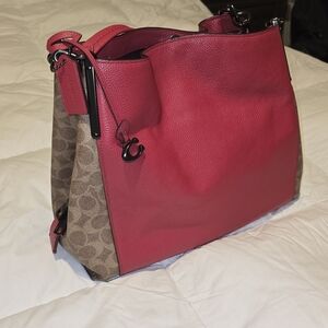 Coach Dalton 31 With Signature Canvas Blocking TAN RED APPLE Shoulder Bag 76078
